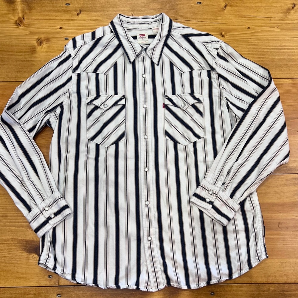 Levi's Western Cowboy Shirt Men XL Pearl Snap Pearlized Buttons Striped Blue A6 - Picture 2 of 8